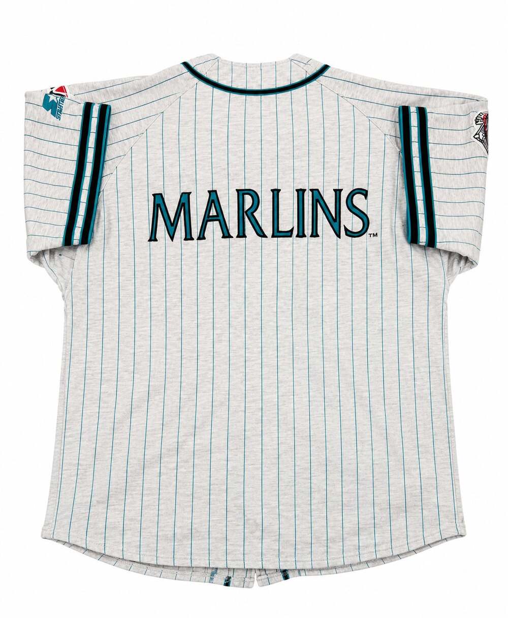 Vintage 90s Florida Marlins Starter Jersey XL Gray Teal Pinstripe MLB